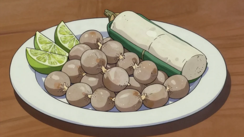 Butifarra soledeña, small spiced pork-and-beef balls in casing, boiled and eaten, Colombia charcuterie & cured, anime style
