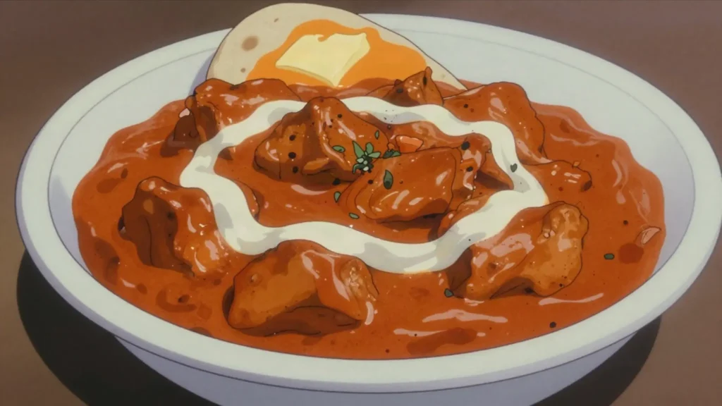 Butter Chicken, tandoori chicken in silky tomato-butter-cream gravy, Delhi classic, India main, anime style