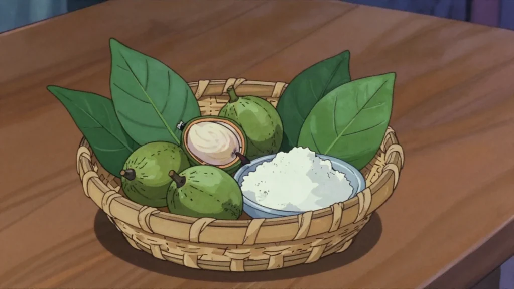 Buuch, betel nut split and chewed with lime, pepper leaf and often a shred of tobacco, Palau snack, anime style