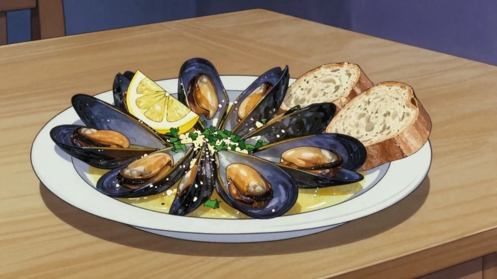 Buzara, shrimp or mussels in wine, garlic, breadcrumb sauce, Montenegro main, anime style