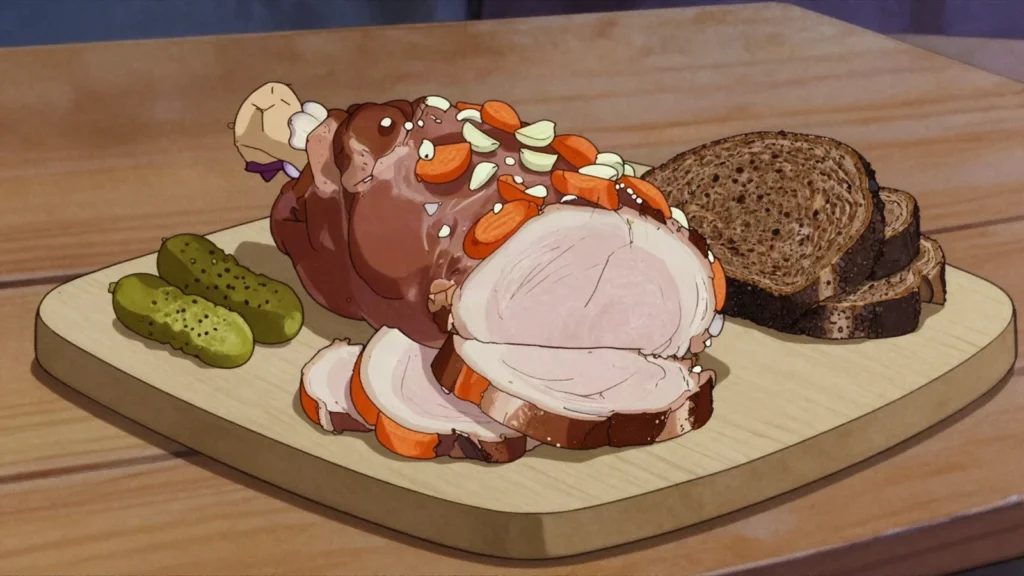 Buzhenyna, pork studded with garlic, baked and eaten cold in slices, Ukraine charcuterie & cured, anime style