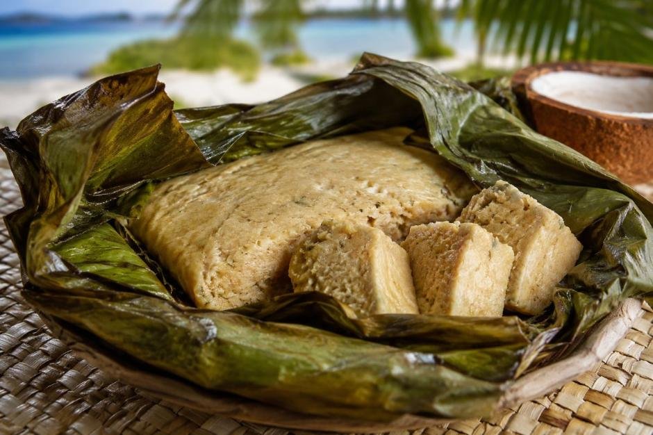 Bwiro, fermented breadfruit paste wrapped in leaves and baked, festive staple, Marshall Islands salad & side