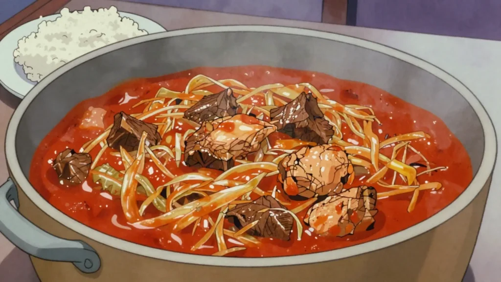 Cabbage stew, shredded cabbage stewed with beef, chicken and tomato paste, served over rice, Liberia main, anime style