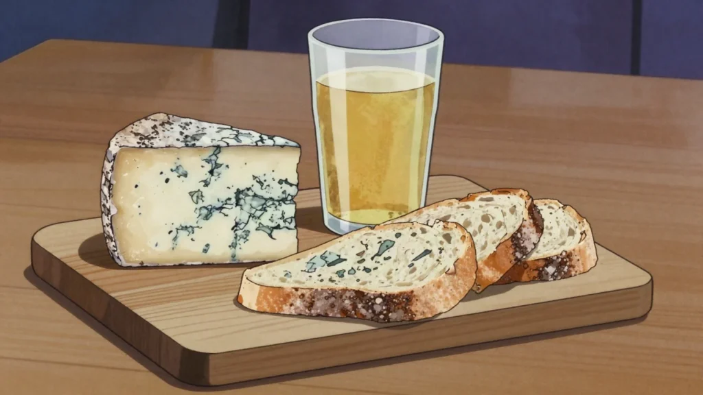 Cabrales, pungent blue cheese ripened in Asturian limestone caves, Spain cheese & dairy, anime style