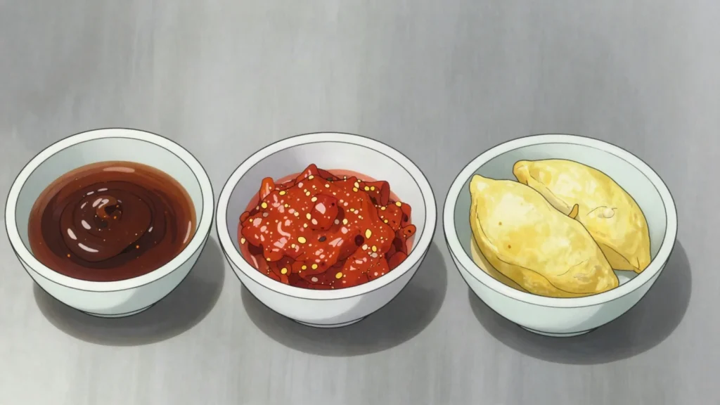 Cacah, sour dipping sauces of tamarind, chilli, shrimp paste or fermented durian for, Brunei sauce & condiment, anime style