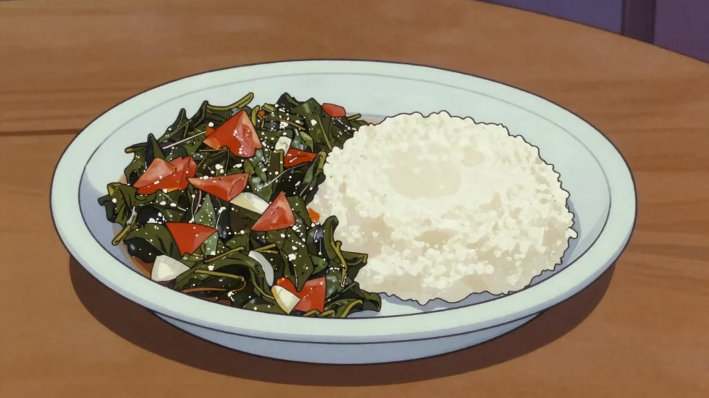 Cacana, bitter vine leaves cooked with coconut milk or groundnut as relish, Mozambique salad & side, anime style
