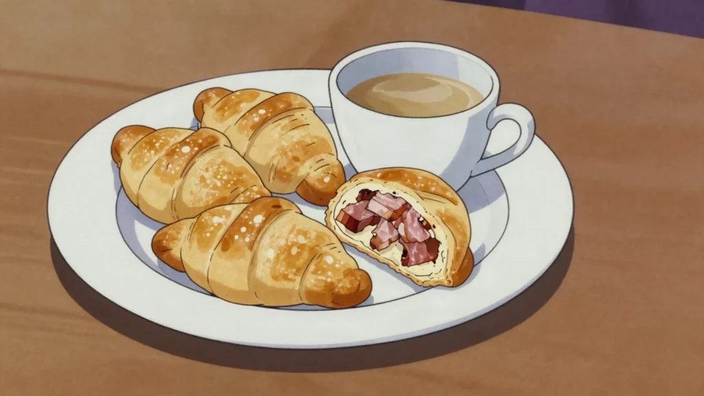 Cachito, soft crescent roll stuffed with chopped ham, eaten at breakfast, Venezuela bread & pastry, anime style