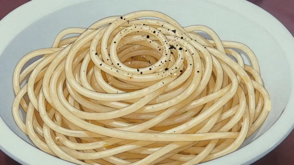 Cacio e pepe, pecorino and black pepper pasta, Roman trattoria staple, Italy main, anime style