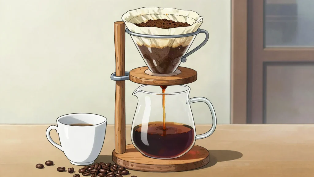 Café chorreado, coffee drip-brewed through a cloth chorreador, Costa Rica drink, anime style