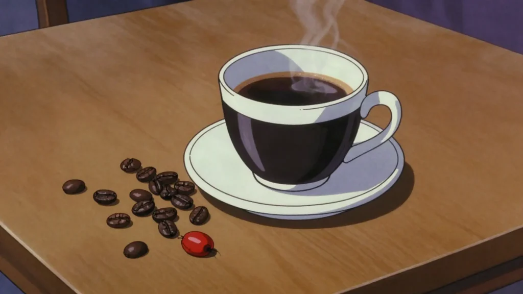 Café Ziama Macenta, robusta coffee from the forest highlands, Guinea's protected origin coffee, Guinea drink, anime style