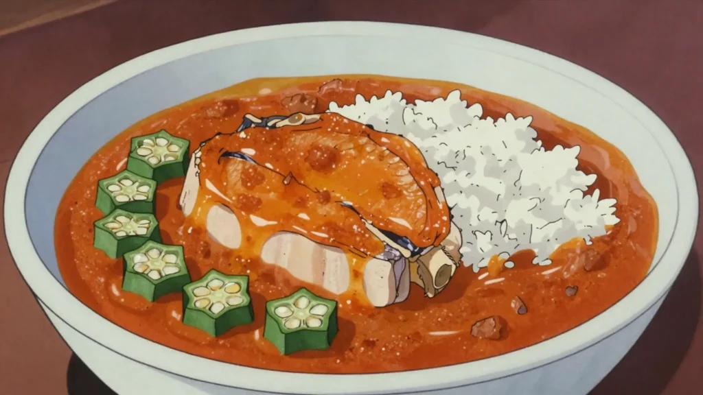 Caldo de chabéu, fish stewed in red palm-fruit pulp with okra, over rice, Guinea-Bissau soup & stew, anime style