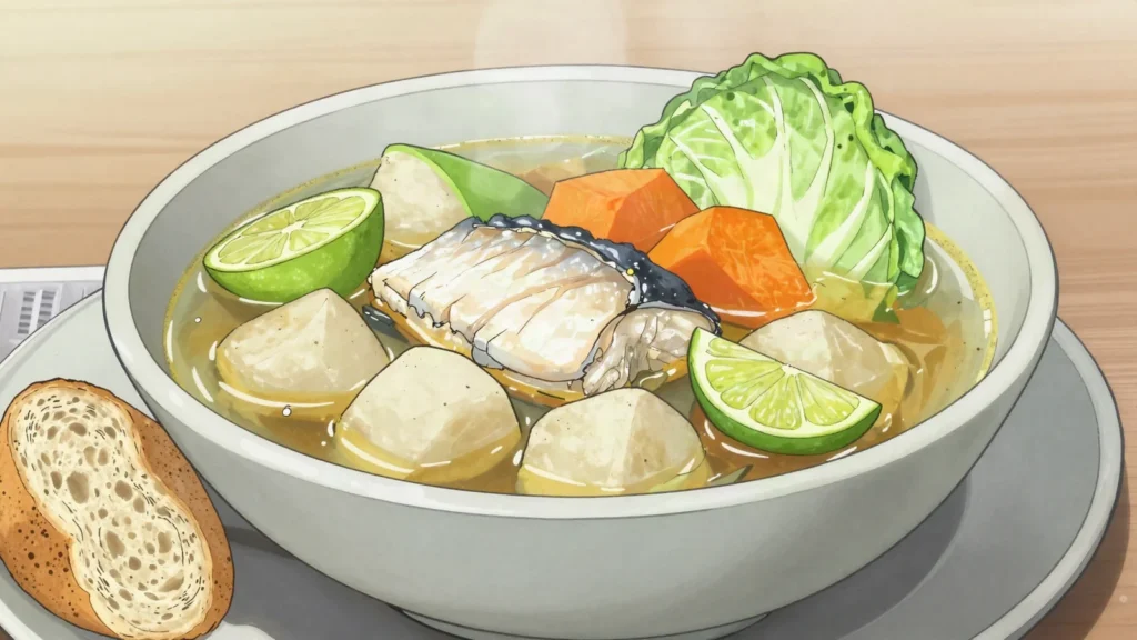 Caldo de peixe, everyday fish stew with lime, chili, onion and vegetables, Guinea-Bissau soup & stew, anime style
