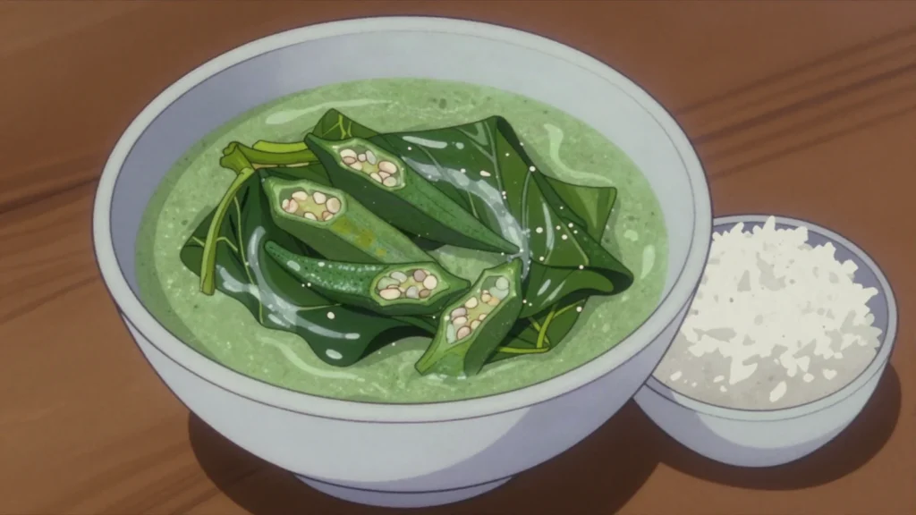 Callaloo, dasheen leaves, okra, and coconut milk swizzled silky, Trinidad and Tobago soup & stew, anime style