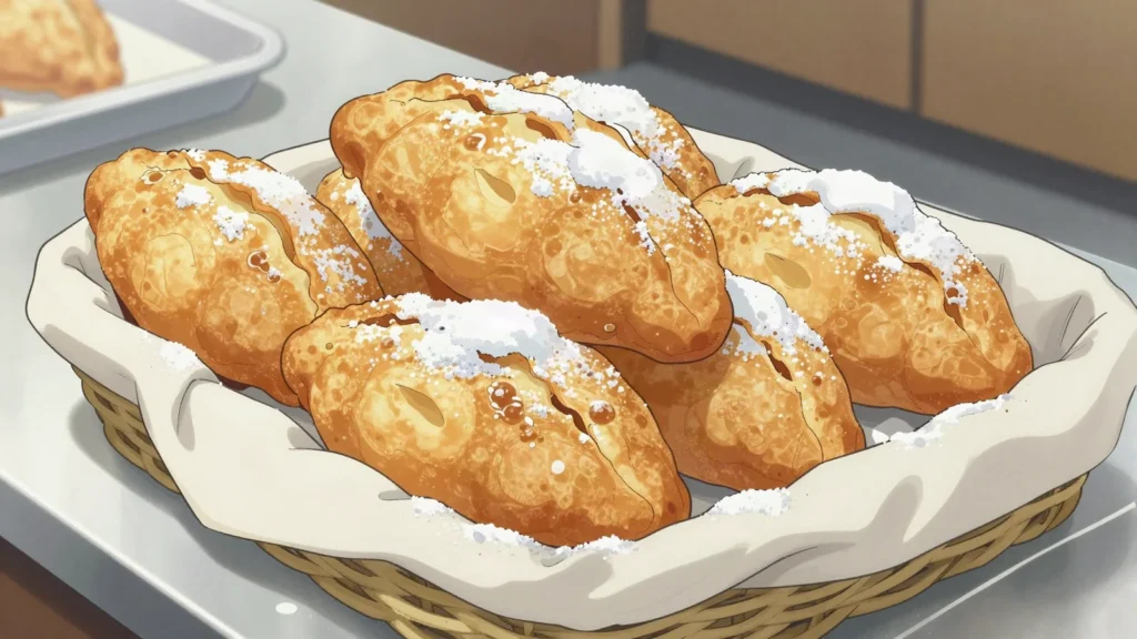 Calzones rotos, twisted strips of fried dough dusted with icing sugar, Chile bread & pastry, anime style