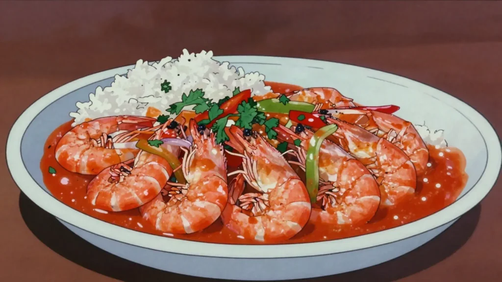 Camarones enchilados, shrimp simmered in tomato-sofrito creole sauce, Cuba main, anime style