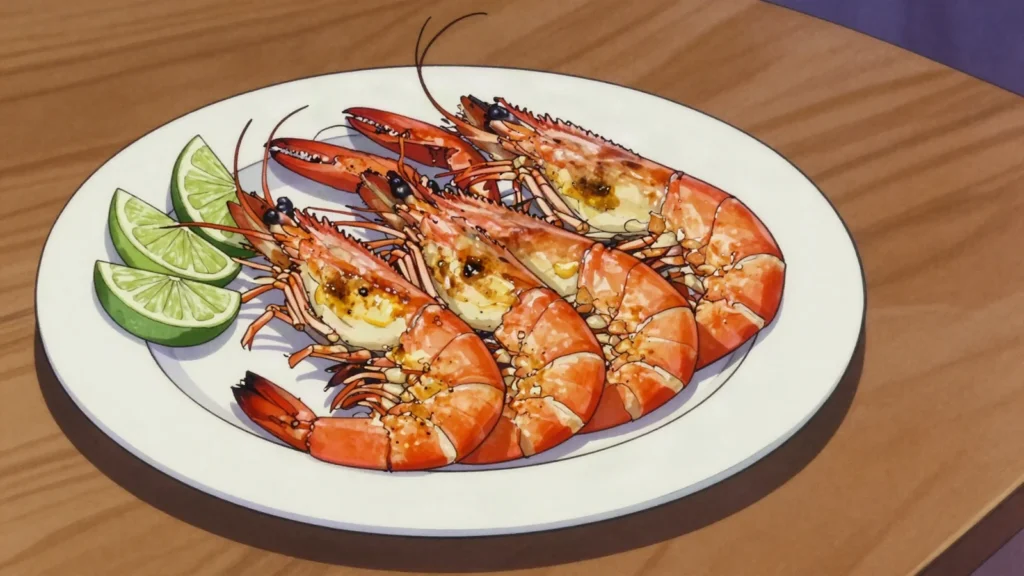 Camarons, large freshwater prawns curried or grilled, a river delicacy, Mauritius main, anime style