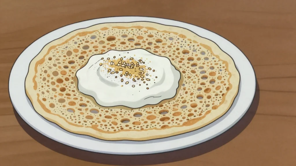 Cambaabur, lacy fermented pancake dusted with sugar and yoghurt, eaten at Eid, Somalia bread & pastry, anime style