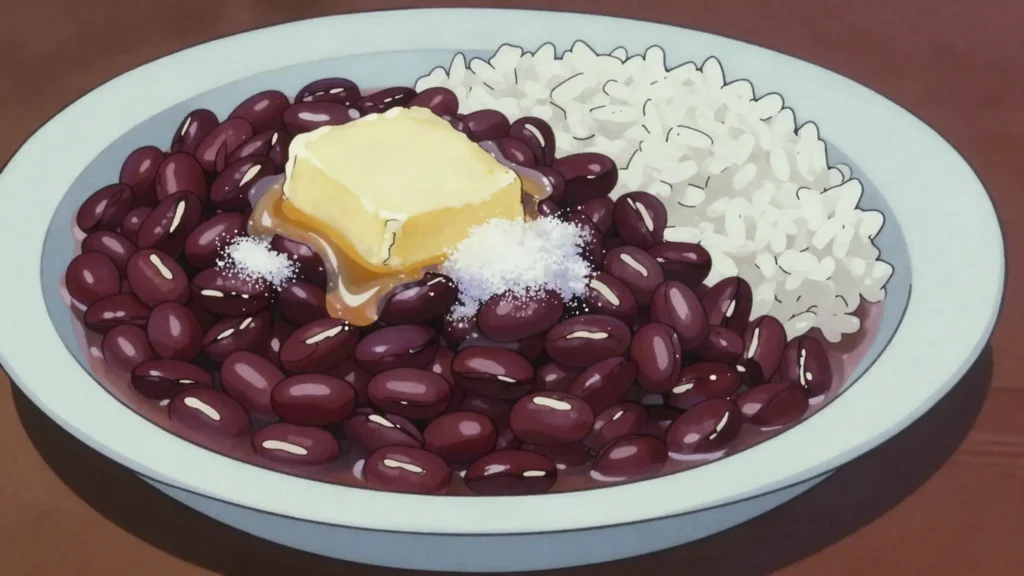 Cambuulo, slow-cooked azuki beans finished with butter and sugar, eaten at supper, Djibouti main, anime style