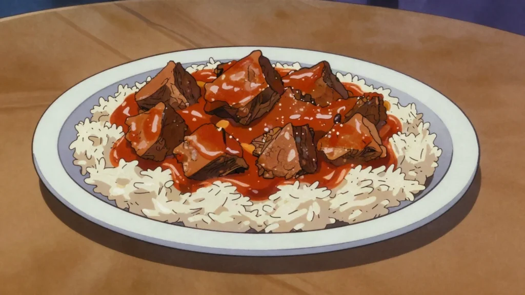 Camel meat, camel steaks, hump and offal grilled over coals or stewed with rice, Mauritania main, anime style