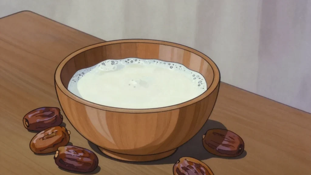 Camel milk, fresh camel milk drunk warm, slightly salty, in the desert south, Libya drink, anime style