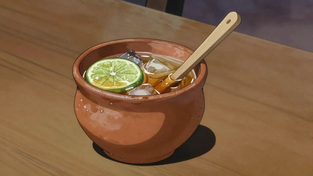 Canchánchara, cane spirit with honey and lime, served in a small clay cup, Cuba cocktail, anime style