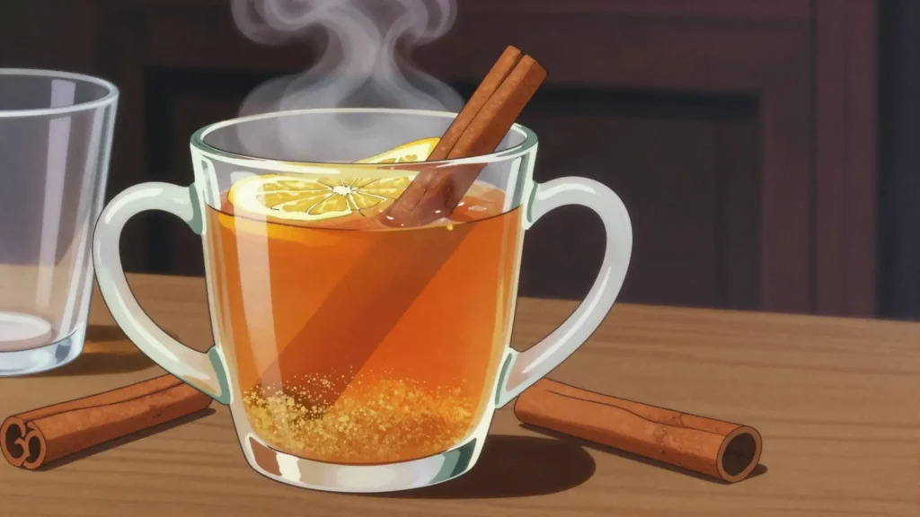 Canelazo, hot cinnamon-naranjilla toddy spiked with aguardiente, highland nights, Ecuador cocktail, anime style