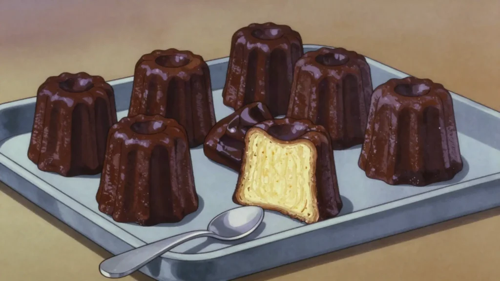 Canelé, small fluted rum and vanilla custard cake with a dark caramelised shell, France bread & pastry, anime style