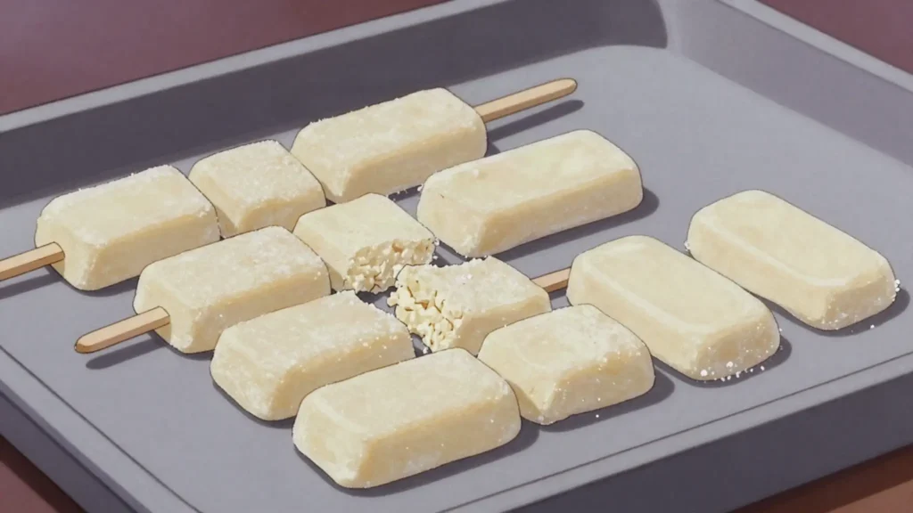 Canillitas de leche, small sticks of cooked milk and sugar, dusted white and sold in boxes, Guatemala dessert, anime style