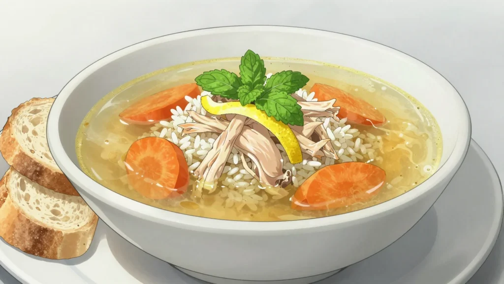 Canja de galinha, chicken simmered with rice and lemon into a light restorative soup, Cape Verde soup & stew, anime style