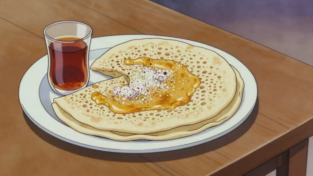 Canjeero, small spongy fermented pancakes eaten with ghee, sugar or stew, Somalia breakfast, anime style