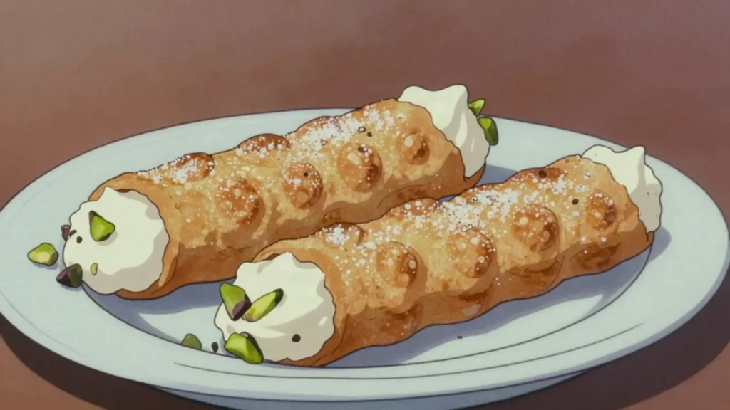 Cannoli, crisp Sicilian shells piped with sweet ricotta, Italy dessert, anime style