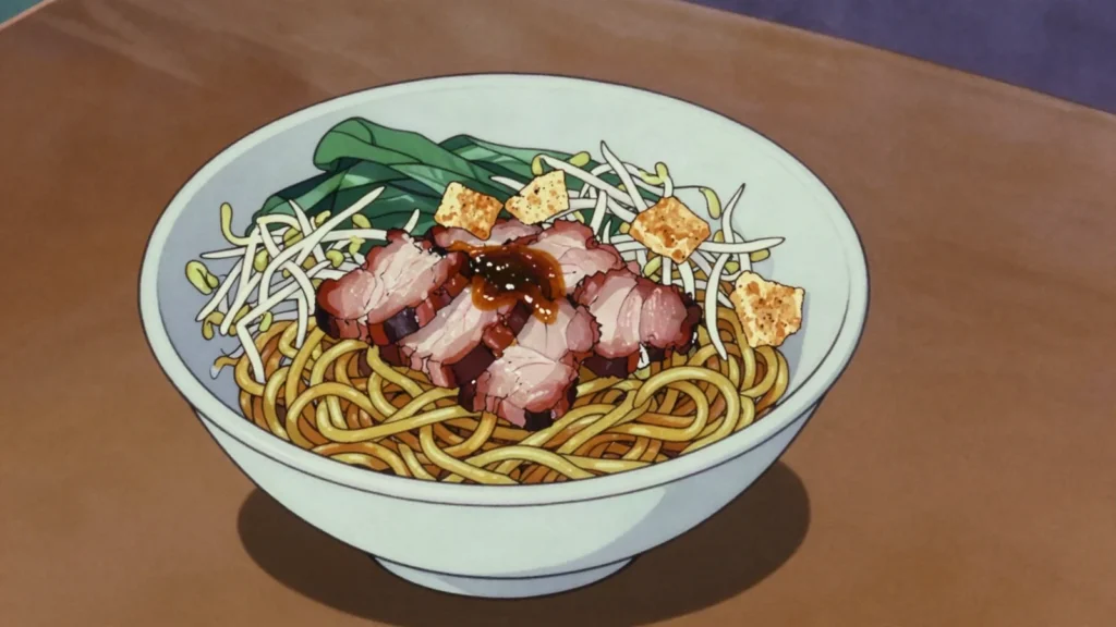 Cao Lau, hoi An noodles with char siu pork, greens and crispy croutons, Vietnam main, anime style