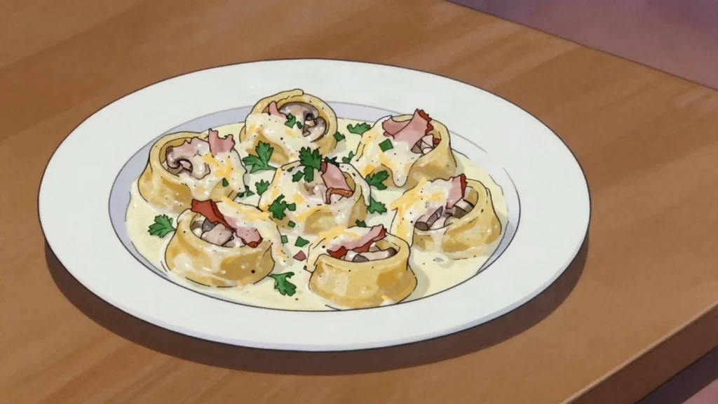 Capeletis a la Caruso, filled pasta in a cream sauce with ham, mushrooms and cheese, Uruguay main, anime style