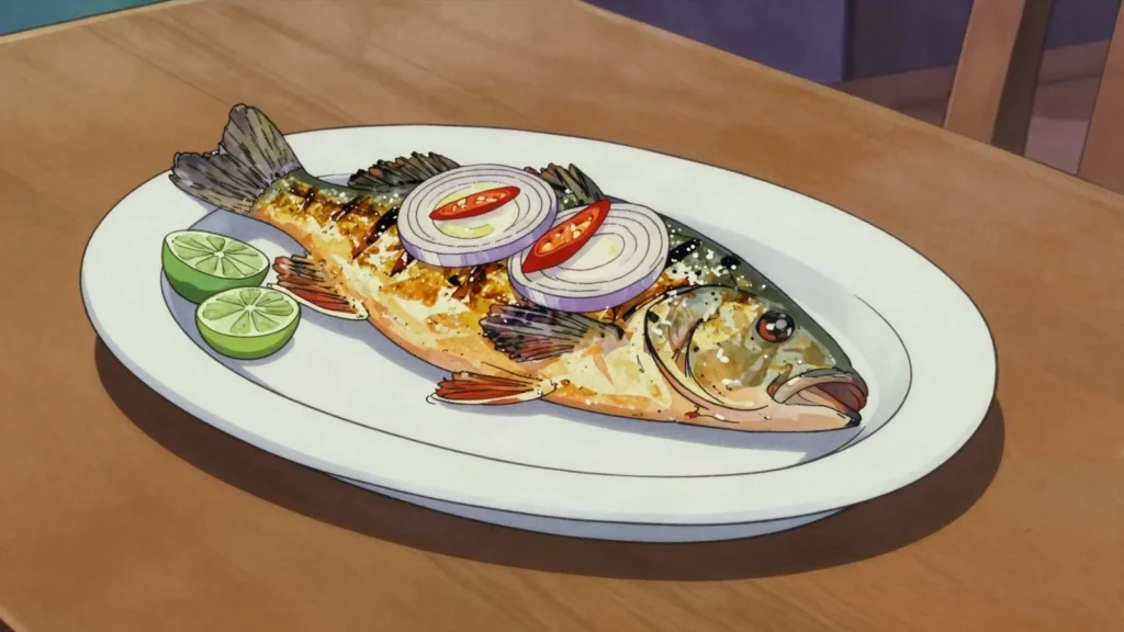 Capitaine grille, whole Niger River perch grilled over coals with onion, chili and lime, Mali main, anime style