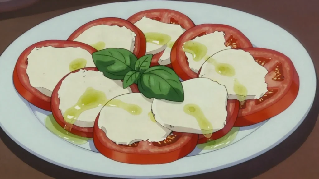 Caprese salad, mozzarella, tomato and basil with olive oil, Italy salad & side, anime style