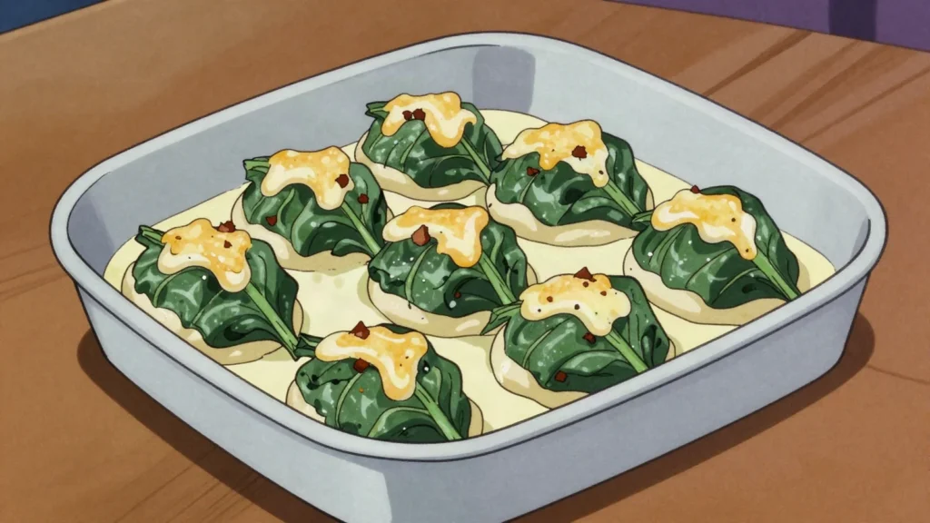 Capuns, spätzle dough with dried meat wrapped in chard leaves, simmered in milk, Switzerland main, anime style