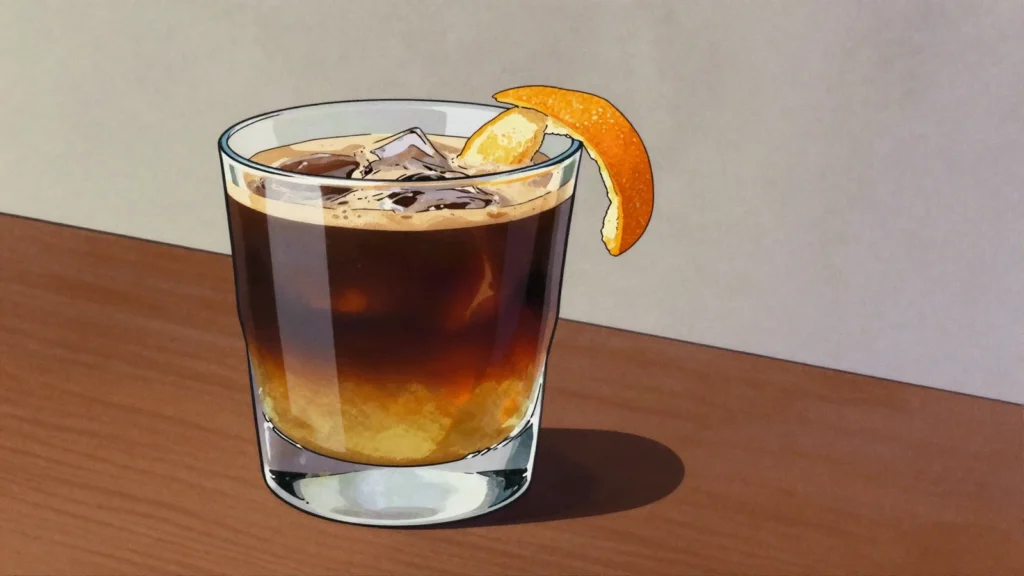Carajillo, licor 43 shaken over ice and topped with a shot of hot espresso, Mexico cocktail, anime style