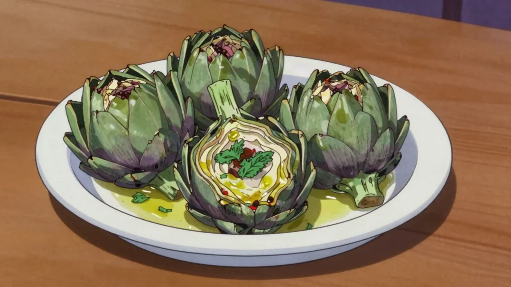 Carciofi alla romana, artichokes braised with mint, garlic, olive oil, Vatican City salad & side, anime style