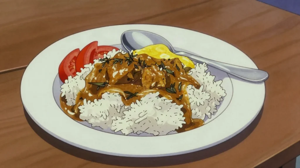 Cari poule, chicken curry with thyme and curry leaves, served with rice and satini, Mauritius main, anime style