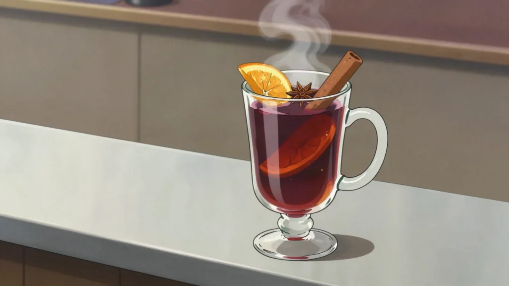 Caribou, hot or cold mix of red wine, whisky and maple syrup, drunk outdoors in winter, Canada cocktail, anime style