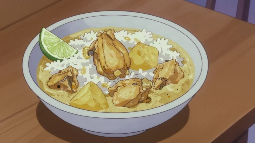 Caril, mild chicken curry with potato and coconut paste, eaten with white rice, Timor-Leste main, anime style