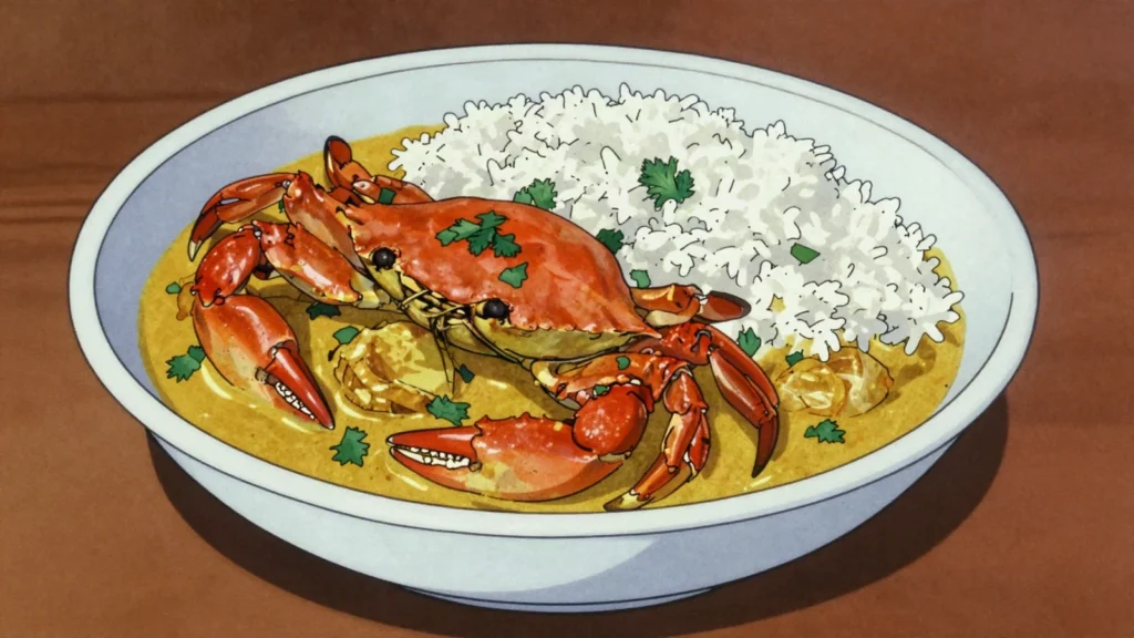 Caril de caranguejo, crab curry rich with coconut milk, Mozambique main, anime style