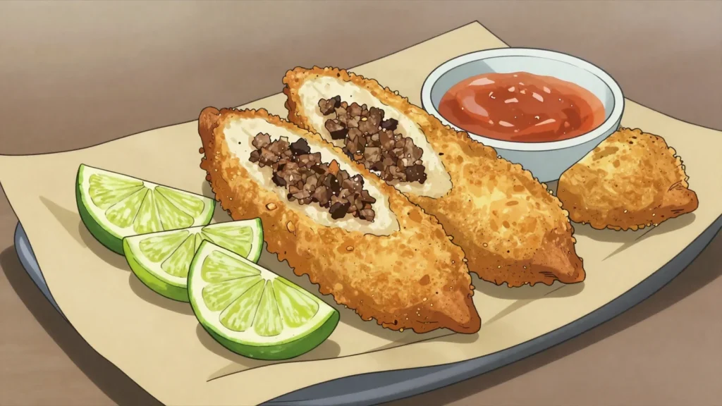 Carimañola, yuca fritter stuffed with seasoned ground beef, Panama street food, anime style