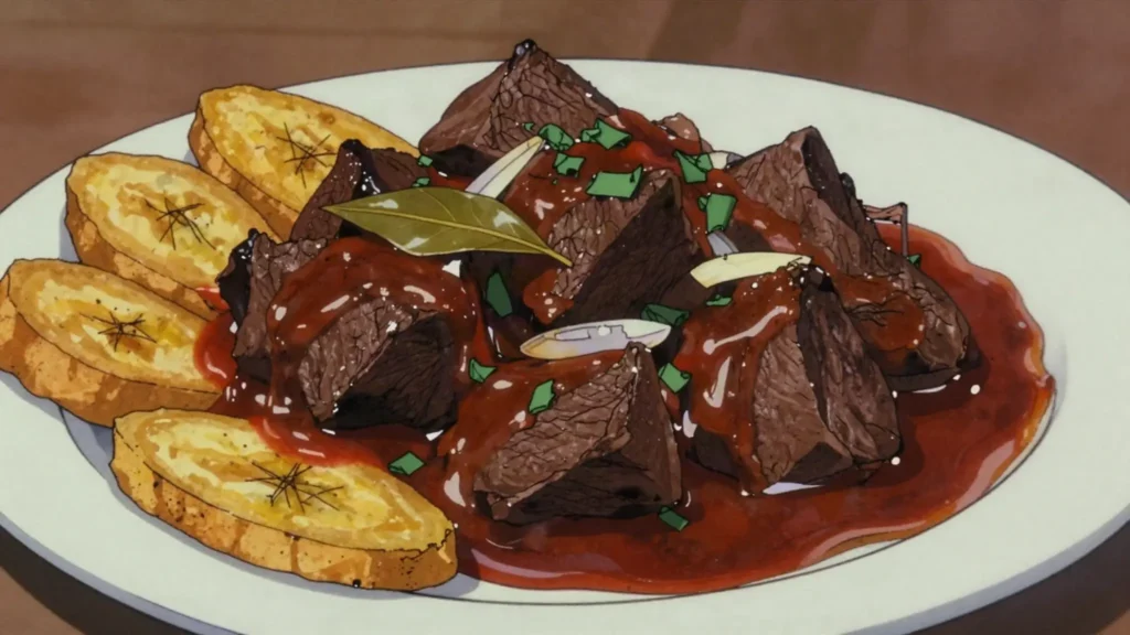 Carne de monte, smoked forest game stewed with palm oil and chili, sold at Malabo, Equatorial Guinea main, anime style