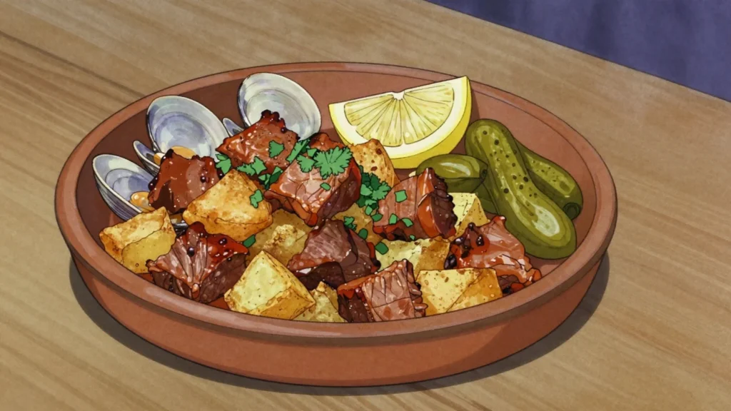 Carne de porco à alentejana, marinated pork cubes fried with clams, coriander and cubed potatoes, Portugal main, anime style
