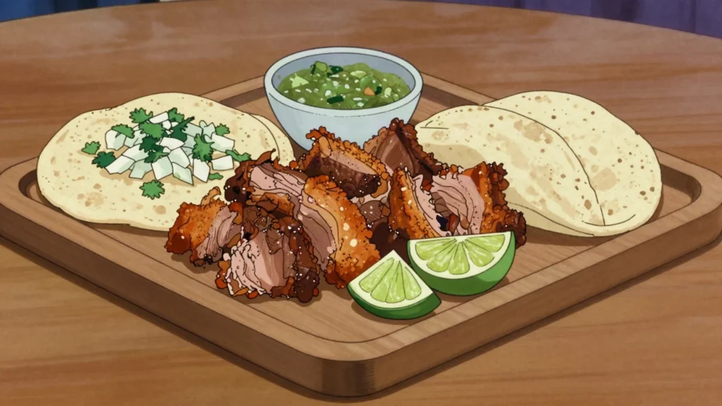 Carnitas, michoacán pork confit, crisp and tender, for tacos, Mexico main, anime style