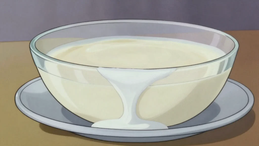 Carrageen moss pudding, light milk pudding set with boiled seaweed, served with cream, Ireland dessert, anime style