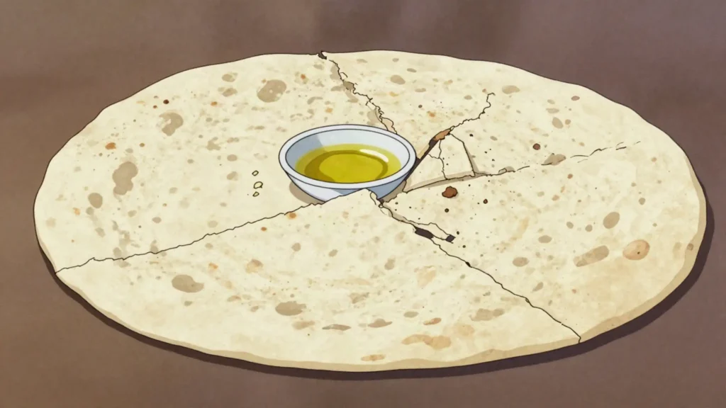 Casabe, crisp flatbread of pressed bitter cassava, eaten with stews or oil, Dominican Republic bread & pastry, anime style