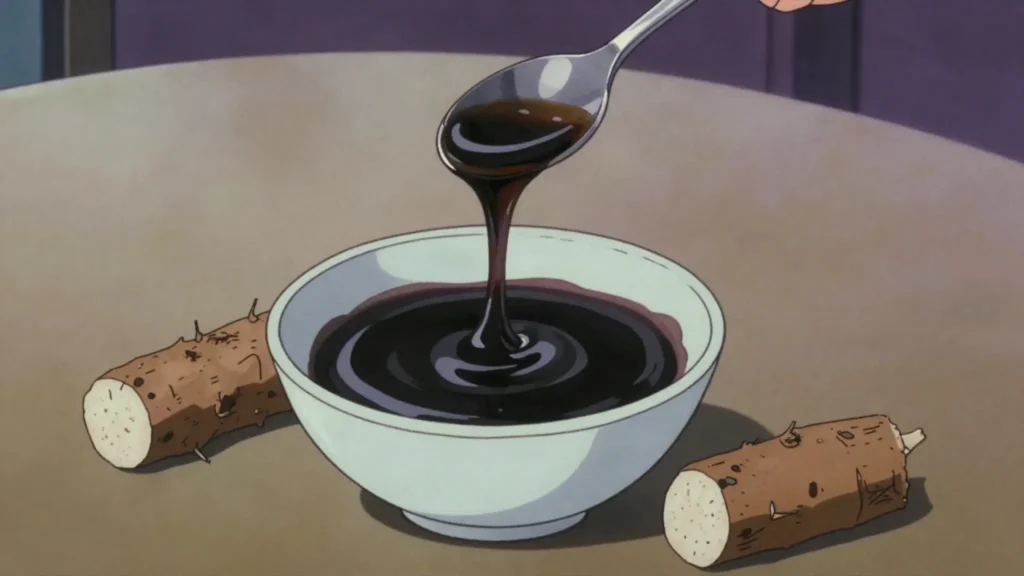 Casareep, black bitter-cassava syrup that flavours and preserves pepperpot, Guyana sauce & condiment, anime style