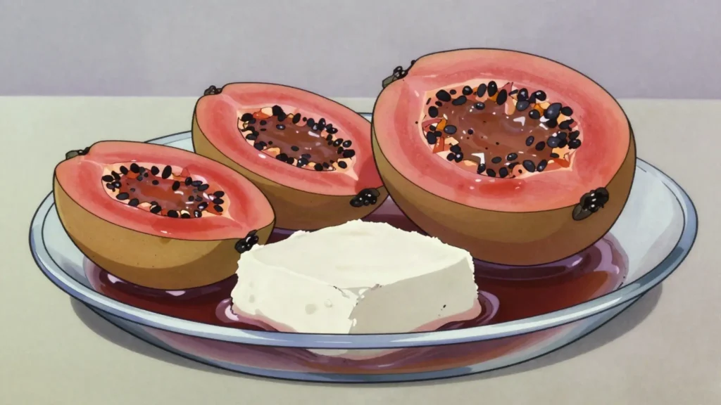 Cascos de guayaba, guava shells poached in syrup, served with white cheese, Cuba dessert, anime style